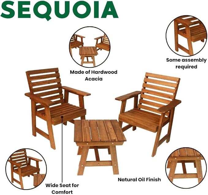 Leigh Country Sequoia Rustic Patio Furniture Set, Acacia Wood 3-Piece Set with 2 Chairs & Table, Rustic Style for Porch, Deck, Backyard, Outdoor, Easy Assembly