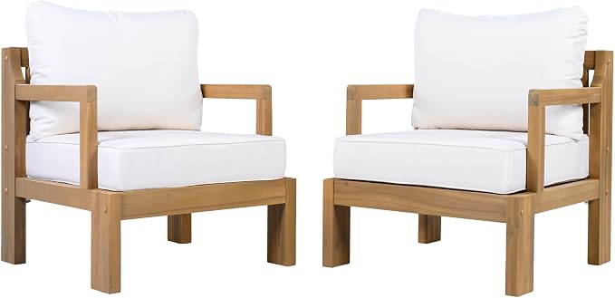 JIVOIT Outdoor Acacia Wood Patio Chair Set of 2, Outdoor Armchair Accent Chair with Thick Cushions for Garden, Backyard, Balcony, Poolside