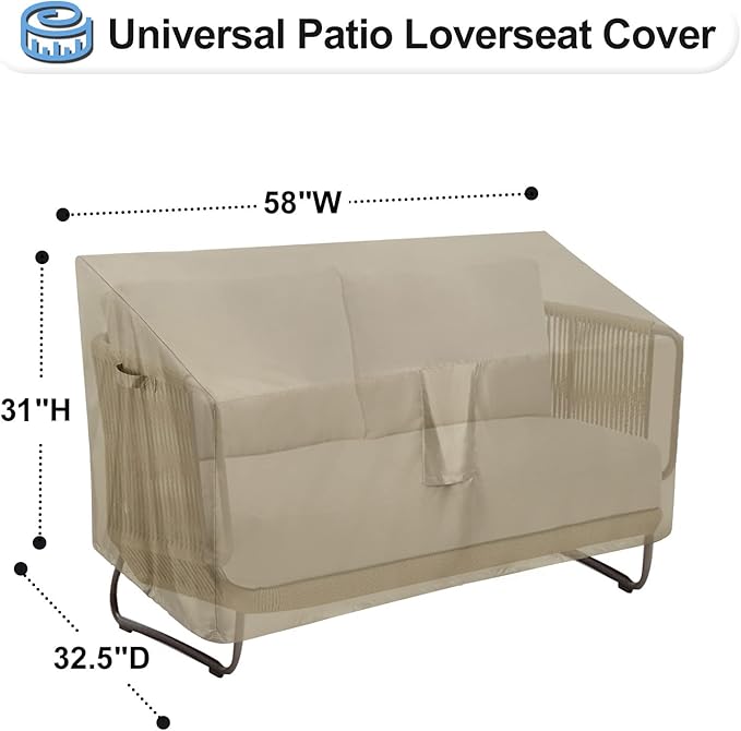 OutdoorLines Outdoor Waterproof Patio Loveseat Couch Cover - UV Resistant Patio Sofa Furniture Covers Weatherproof Heavy Duty Glider Covers for Outdoor Furniture, 58Wx32.5Dx31H Inches, Camel