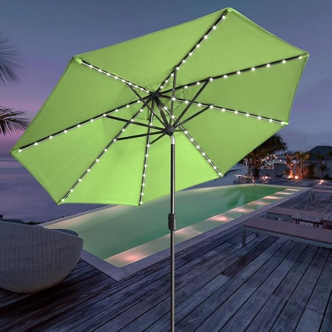 EliteShade USA 10-Year-Non-Fading 9ft Market Patio Umbrella, Commercial Grade Table Sun Umbrella with 80 Solar LED Lights, Crank Open, Windproof & UPF 50+ UV Protection for Garden, Deck, Pool, Backyard, Macaw Green
