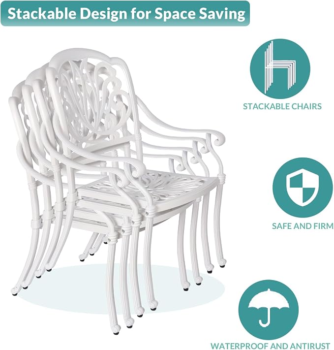 MEETWARM 9-Piece Outdoor Patio Dining Set- 8 Outdoor Dining Cushioned Chairs and 1 Oval Table with 2" Umbrella Hole, All Weather Cast Aluminum Patio Funiture Set for Backyard, White