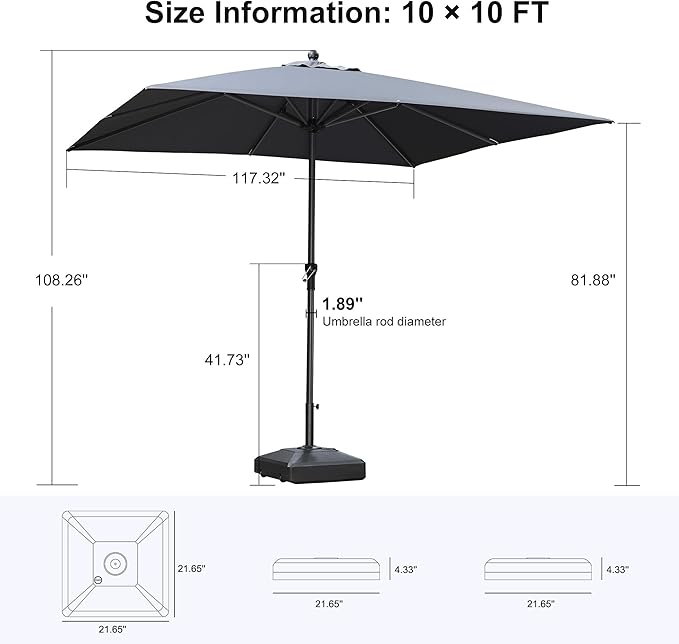 PURPLE LEAF 10' x 10' Square Patio Market Umbrella with Base Outdoor Table Umbrellas Aluminum Frame Sun Shade with 8 Sturdy Ribs for Garden Deck Lawn Pool Gray