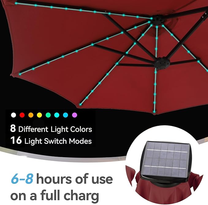 GREEN PARTY 13ft Outdoor Patio Umbrella with Solar Lights, 120 LED 12-Mode Large Double Sided Rectangular Table Umbrella, Heavy Duty Triple-Head Shade for Backyard Deck & Poolside, Burgundy(No Base)