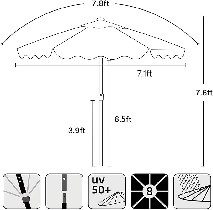 AMMSUN 7.8ft Seashore Umbrella, Outdoor Umbrella, Boho Patio Umbrella with UV 50+ Air Vent Ash Wood Pole Carry Bag & Water-Resistant Canvas