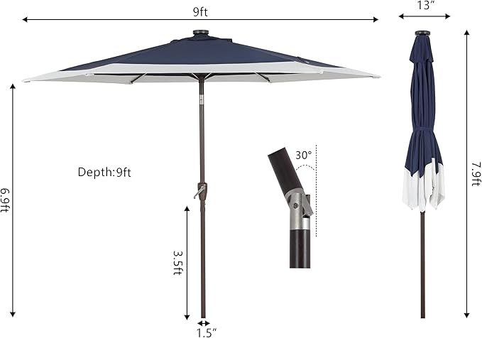 JONATHAN Y Spencer 9 ft. Solar Powered LED Patio Umbrella with Crank and Tilt, Hexagon Outdoor Market Sunshade for Garden, Deck and Pool, Navy/White, Dark Brown Pole UMB1100A