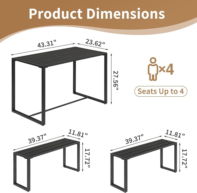 Outvita 44" Outdoor Matel Picnic Table and Bench Set, Patio Dining Set for 4 People, Outdoor Patio Furniture Dining Table and Chair Set for Garden, Yard, Porch