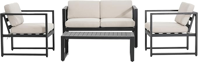 Christopher Knight Home Tundr Outdoor 4 Seater Chat Set with Coffee Table, Patio Conversation Sets, Sectional Aluminum Furniture Set with Cushions, 2 Chairs and Loveseat Set, Black Finish + Beige