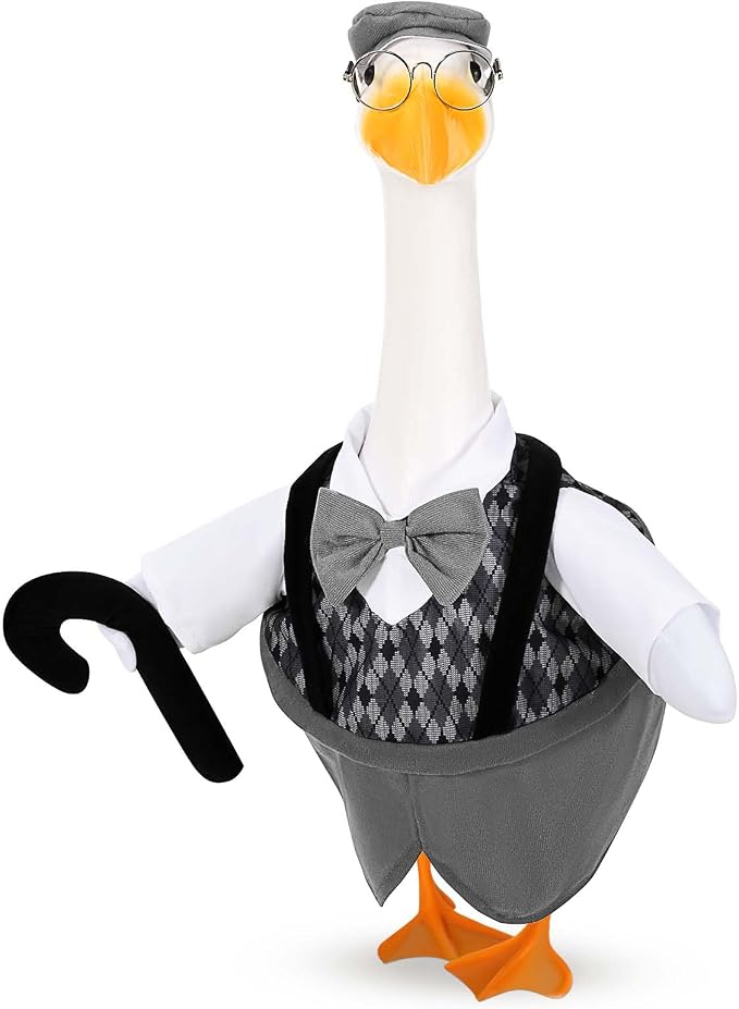Old Man Goose Outfits Porch Goose Clothes Fits 23" Cement Plastic Goose Statue Grandpa Goose Outfit with Wig Glasses Pearl Necklace for School Outdoor Garden Lawn Yard Patio Art Decor (Style2)