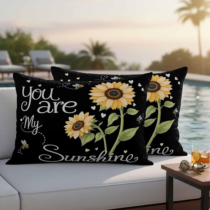 Outdoor Pillow Covers You are My Sunshine Words Decorative Throw Pillow Covers, Country Sunflowers Bees Throw Cushion Case with Zipper for Patio,Couch,Sofa,Garden 20x12in Set of 2