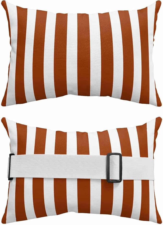 Burnt Orange Stripe Outdoor Chaise Lounge Head Pillow with Insert,Farmhouse Striped Abstract Art Waterproof Headrest Lumbar Pillow Cusion Cover with Elastic Strap for Patio Beach Recliner,12"x20" 1PCS