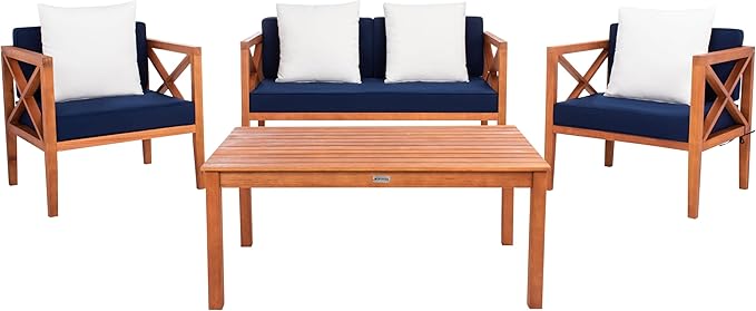 Safavieh PAT7031A Collection Nunzio Teak and White and Navy 4 Pc Accent Pillows Outdoor Set