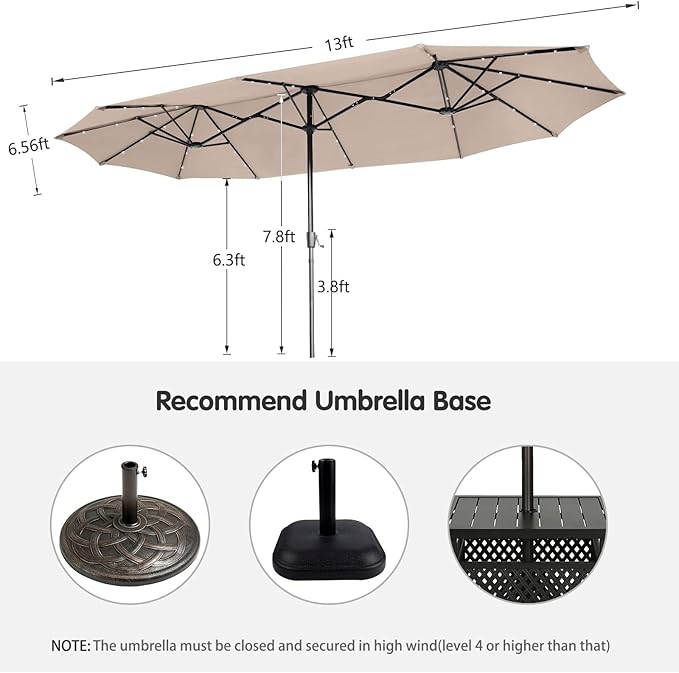 FREE SOLDIER 13ft Patio Umbrella with 36 LED Solar Lights Double Sided Outdoor Umbrella for Patio Table Umbrella with Solar lights for Garden Yard Pool (Beige)
