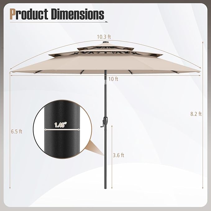 Tangkula 10 FT Solar LED Patio Umbrella, 3-Tier Vented Outdoor Market Table Umbrella with 32 LED Lights, Tilt Adjustment, Crank Handle, 8 Ribs for Backyard Pool Deck (Beige)