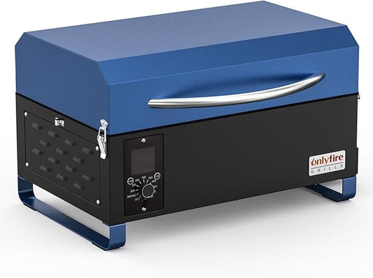 ONLYFIRE GRILLS BBQ Wood Pellet Grill Smoker with Digital Control, Meat Probe & 2 Tiers Cooking Area, Portable Tabletop Grilling Stove for BBQ, Smoke, Bake and Roast, RV Camping, Blue GS313