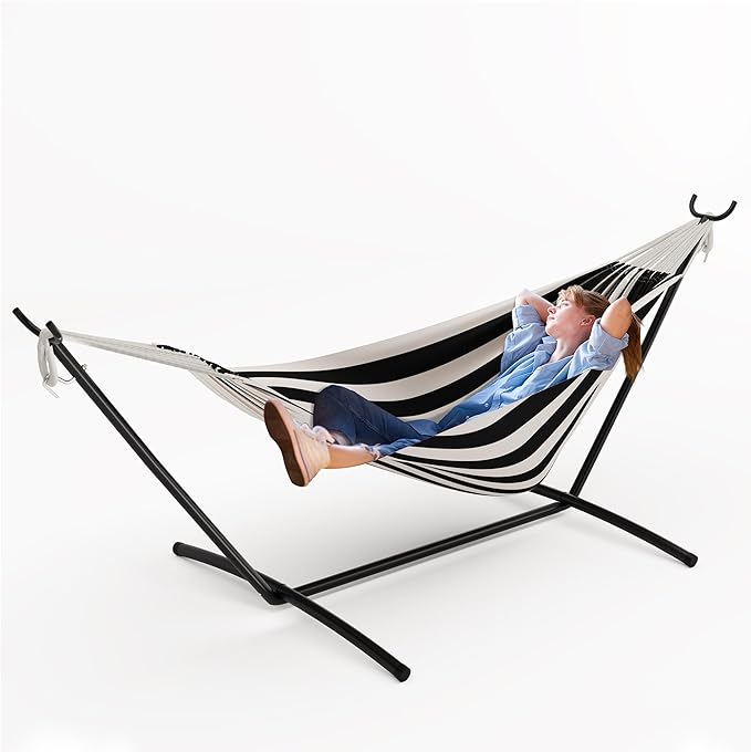 Double Hammock with Heavy Duty Space-Saving Steel Stand for 2 Person - Portable, 450lbs Capacity - Indoor Outdoor Use, Includes Carry Bag - Perfect for Garden, Camping, Beach - Black