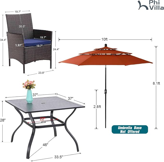PHI VILLA 5pc Patio Dining Set with Umbrella, Square Table, Rattan Chairs | Outdoor Dining Set for 4, 37" Metal Table & 4 Cushioned Rattan Chairs with Red Umbrella for Outdoor, Deck, Yard, Porch