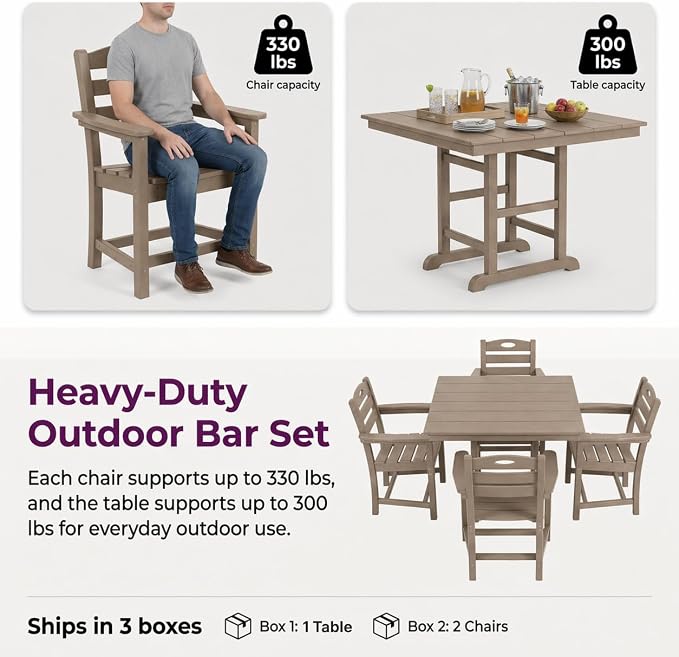 5-Pcs Outdoor Patio Dining Table Set of 5, Outdoor Patio Square 37.8'' Dining Table Set for Lawn Garden Backyard, HDPE Material & 1.7'' Umbrella Hole (Arm Chair, Antique Brown)