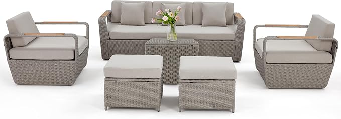 HOMREST Patio Furniture Set, Oversized 7-Seat Outdoor Sectional with Ottoman and Coffee Table, Wicker Rattan Patio Sofa Set with 5" Thick Removable Cushions for Garden, Porch, Backyard, Light Gray