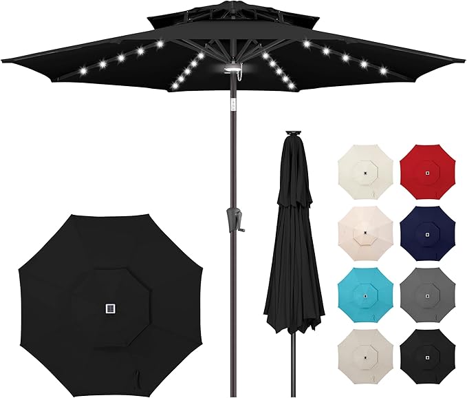 9ft Solar Umbrella Outdoor - 2 Tiers Lighted Solar Patio Umbrella with 40 LED Lights Waterproof UV Protection, Table Umbrella with Tilt for Pool, Porch, Garden, Backyard (Navy Blue)