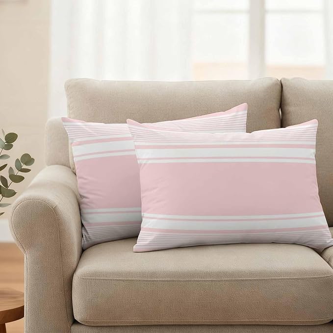 Outdoor Waterproof Throw Pillow Covers, Pink Striped Decorative Pillow Cases, Modern Color Block Farmhouse Stripes Couch Pillow Protector Patio Sofa Cushion Covers Replacement 20"x12" 2 Pack