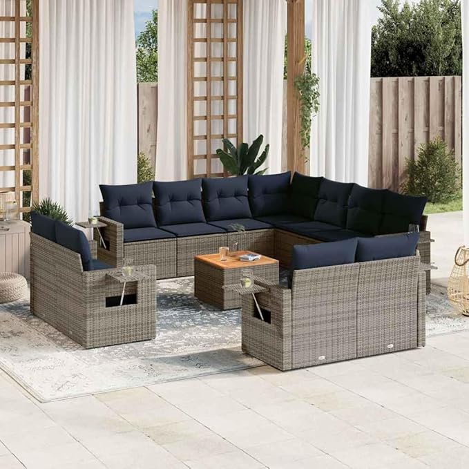 vidaXL Patio Sofa Set with Cushions 12 Piece, Outdoor Conversation Set, Sectional Sofa for Balcony Garden, Patio Furniture, Gray Poly Rattan