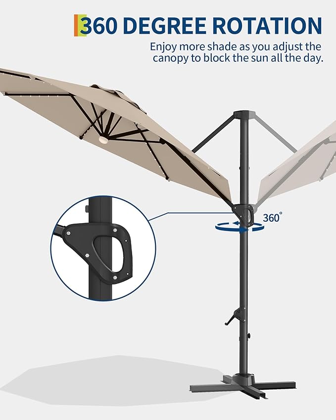 GarveeLife 10FT Patio Umbrella Outdoor Solar LED Large Cantilever Umbrella Market Sun Shade Windproof Offset Umbrella with 360-Degree Rotation for Garden Deck Pool Patio