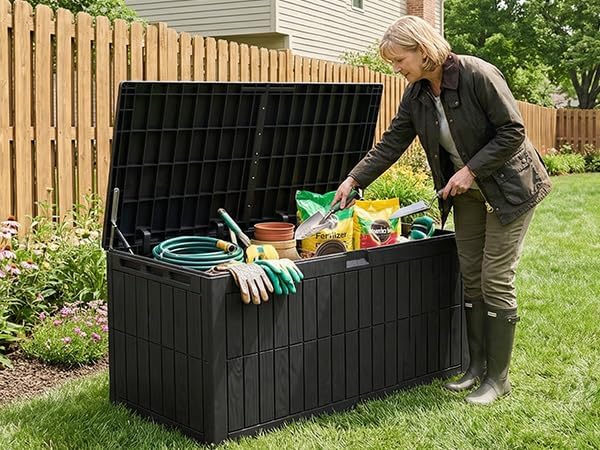 Outdoor Storage Box, 220 Gallon Lockable Resin Large Deck Box, Large Storage for Patio Furniture, Toys, Garden Tools, Sports Equipment, Black