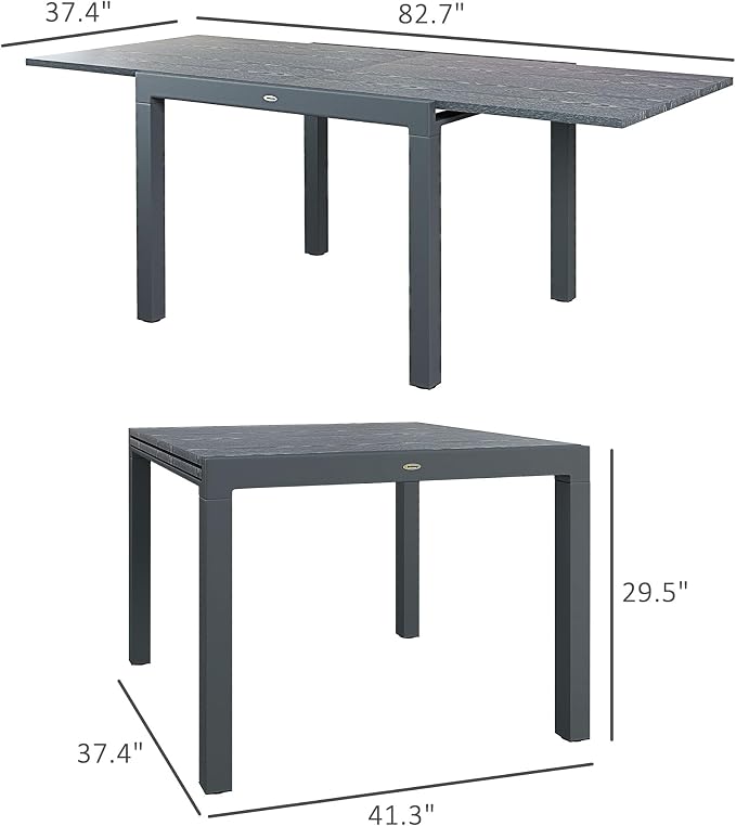 Outsunny Extendable Outdoor Dining Table, 41"- 83" Aluminum Frame Patio Table with Wood Effect Steel Top, Rectangle Expandable for 6-8, Dark Gray