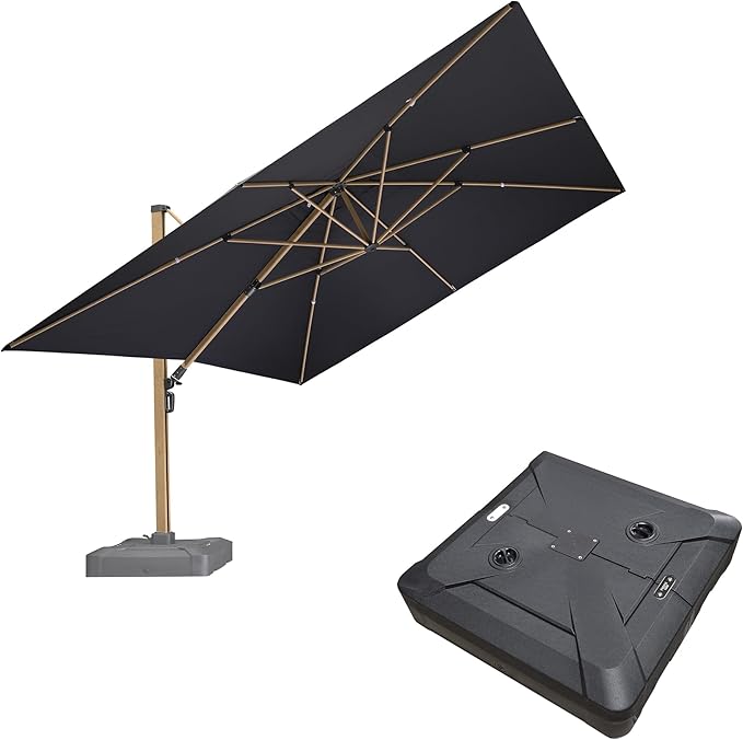 PURPLE LEAF 12FT Patio Umbrella With Base Square Cantilever Umbrella Teak Finished Aluminum Frame Large Windproof Offset Outdoor Sun Umbrellas for Beach Pool Deck, Grey