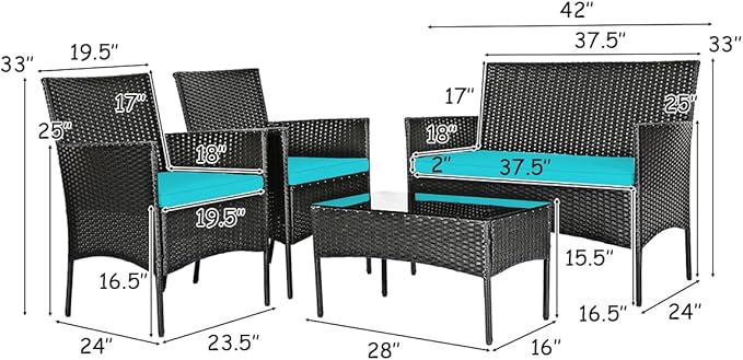 Tangkula 8 Piece Patio Furniture Set, Outdoor Wicker Conversation Set with Tempered Glass Coffee Table, Rattan Loveseat & Chairs Set with Seat Cushions for Backyard, Garden, Poolside (2, Turquoise)