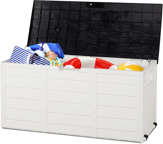 75 Gallon Outdoor Storage Box,Waterproof Deck Box with Lockable Lid&Wheels,Easy-open Outdoor Storage Bench with Handles for Garden,Pool,Balcony (White)