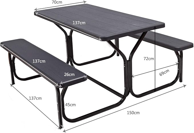 Picnic Table, Outdoor Table Bench Set with Metal Frame & Wood-Like Texture, Large Picnic Table with All Weather-Resistant Tabletop, Camping Picnic Tables for Patio, Lawn, Dining Party