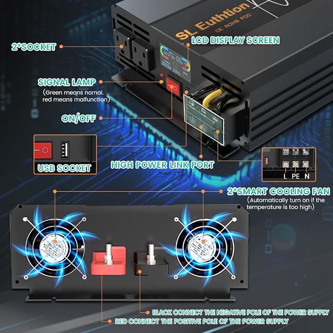 3000W/6000W(Peak) Pure Sine Wave Car Power Inverter 12V DC to 120V AC 60HZ with LCD Display, USB Port, Wireless Remote Control（10M) for Car Home Laptop Truck