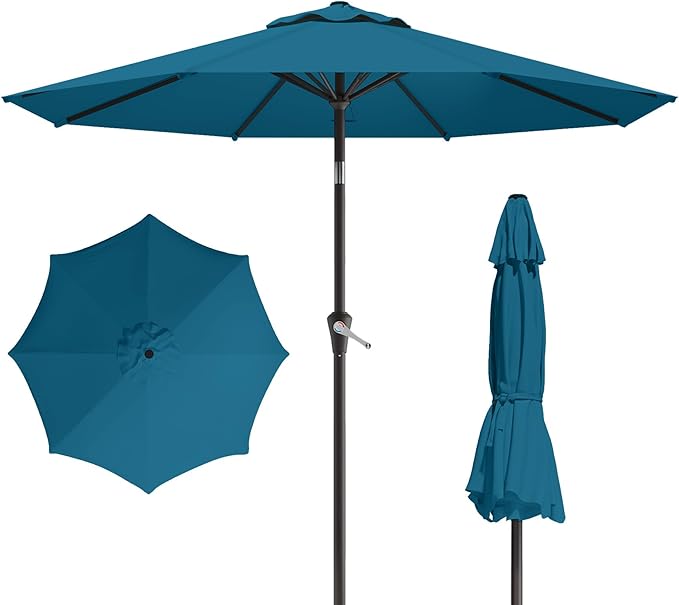 10FT Patio Umbrella, Outdoor Umbrella with Push Button Tilt and Crank, 8 Sturdy Ribs, UV Protection & Waterproof Market Umbrella for Pool, Backyard, Beach,Deck (Lake Blue)