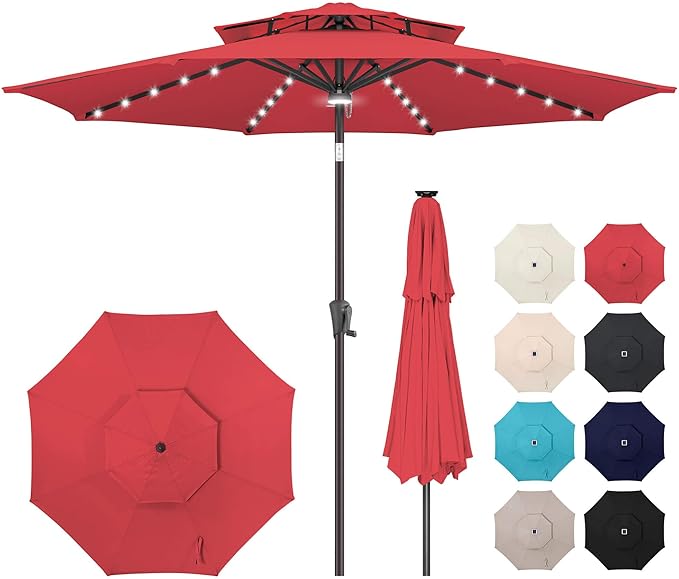 9ft Solar Umbrella Outdoor - 2 Tiers Lighted Solar Patio Umbrella with 40 LED Lights Waterproof UV Protection, Table Umbrella with Tilt for Pool, Porch, Garden, Backyard (Red)