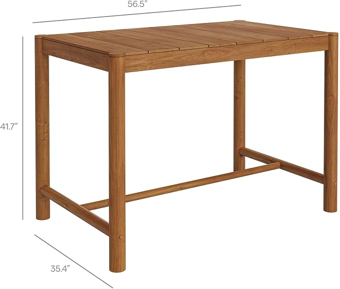 Modway Eleni 56-Inch Outdoor Teak Wood Bar Table in Natural – Rectangular Patio Bar Table with Slatted Top for Patios, Decks, Or Gardens