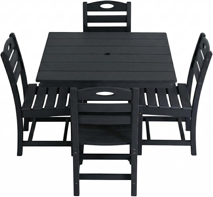 WILLIAMSPACE 37.8" Outdoor Patio Dining Set with 4 Armless Chairs, All Weather HDPE Square Dining Table with Umbrella Hole, Patio 5-Piece Bistro Set for Backyard, Balcony, Lawn, Kitchen (Black)