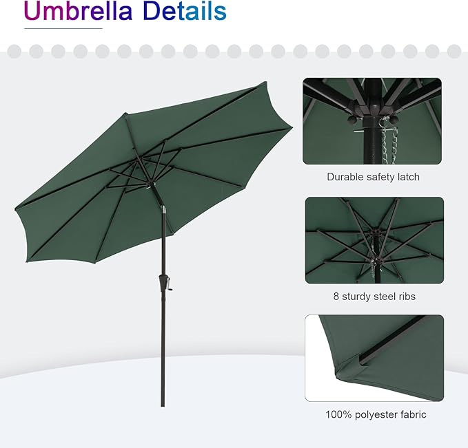 COBANA Patio Umbrella, Outdoor Table Umbrella of 9-Feet with 8 Ribs and Push Button Tilt and Crank, Dark Green