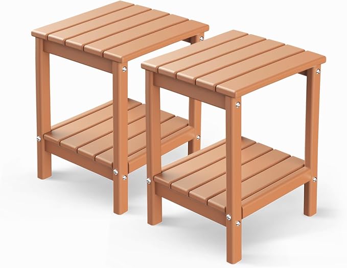 GREENVINES Adirondack-Outdoor-Side-Table | Set of 2 | 14 x 13 Inches | HDPE Plastic | All Weather | Teak | Outside End Tables | Storage Shelf | for Patio Porch Backyard Indoor