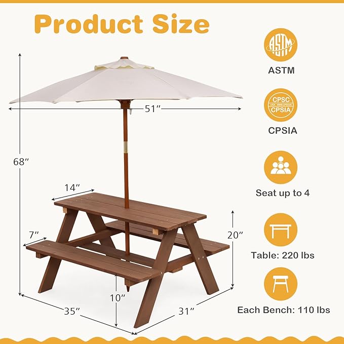 Kids Picnic Table, Wooden Kids Outdoor Table with Detachable Umbrella, Toddler Picnic Table for Patio, Garden, Backyard, Gift for Boys and Girls
