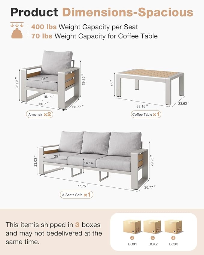 Aoxun Aluminum Patio Furniture Set, 5 Seats Luxury Outdoor Sectional with 6" Olefin Fabric Cushions, Patio Conversation Sets with Coffee Table Outdoor Sofas for Backyard, Deck Grey