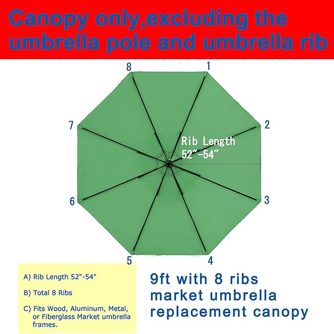 Patio Umbrella 9 ft Replacement Canopy for 8 Rib，Patio Umbrella Replacement Canopy Market Umbrella Top Fit Outdoor Umbrella Canopy（Only the top cover）