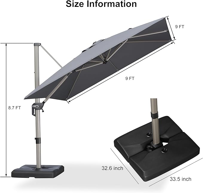 PURPLE LEAF 9FT Patio Umbrella with Base Champagne Square Cantilever Offset Outdoor Umbrella with 360 Rotation for Garden Pool, Light Grey