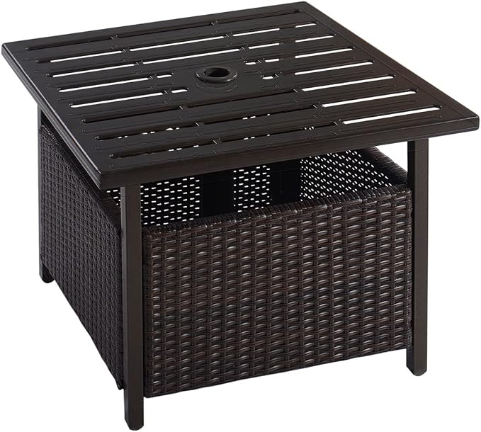 MAT EXPERT Umbrella Table with Hole, Outdoor Side Table w/ 1.57” Umbrella Hole, Steel Frame, Wicker Patio Umbrella Side Table Lawn/Garden/Poolside/Deck/Backyard, 22”x22”x18.5