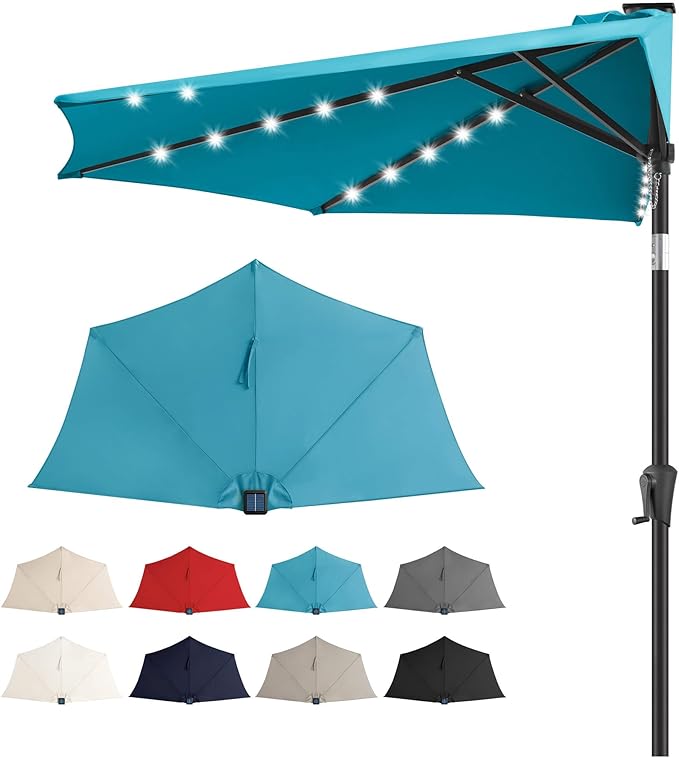 9FT Solar Half Umbrellas Outdoor - LED Half Patio Umbrella with 25 Lights, UV Protection Waterprool, Half Round Umbrella for Wall Balcony, Pool, Porch, Garden, Deck, Backyard, Aqua Blue