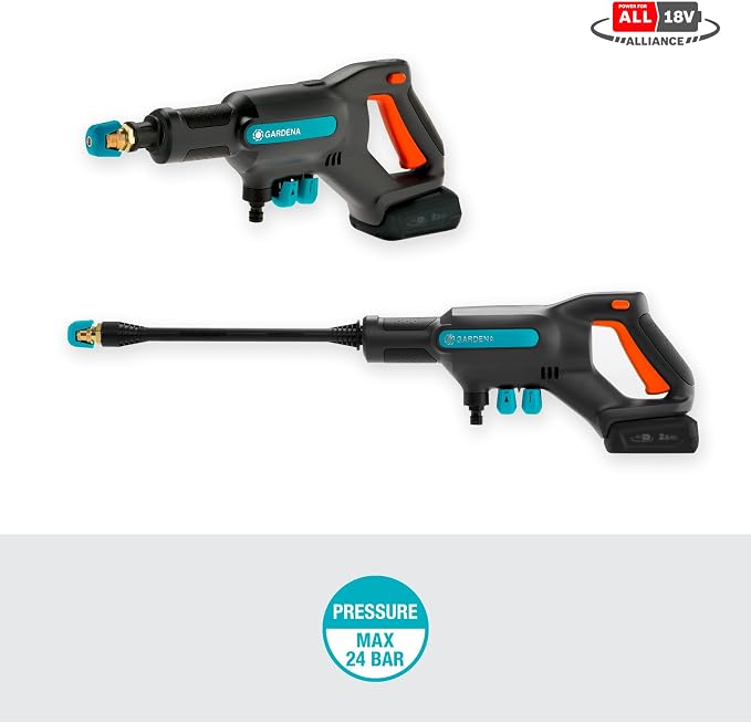 GARDENA Idropulitrice AquaClean 24/18V P4A Set pronto all’uso: idropulitrice a batteria per esterno, 3 livelli di pulizia, pressione max. 24 bar, incl. batteria + caricabatterie (14800-20)