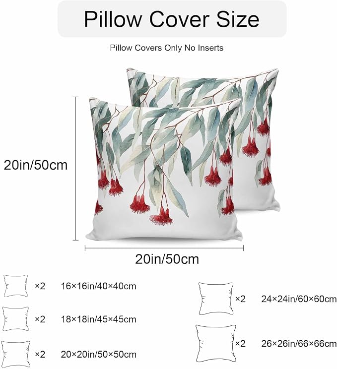 Red Floral Leaves Waterproof Outdoor Pillow Covers Set of 2 Home Decor, Pastoral Rustic Botanical Flowers Pillowcase Patio Pillow Covers for Couch Bench Furniture Garden 18x18in