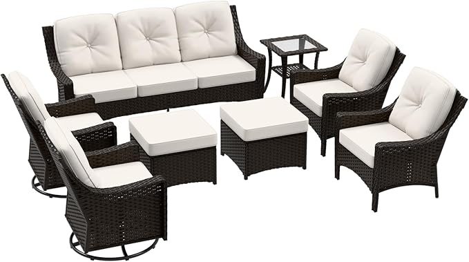 Stone Creek Outdoor Furniture Set with Swivel Rocking Chairs, Patio Chairs, 3 Seater Couch, Side Table & Ottomans, Wicker Patio Conversation Set, Balcony Furniture, 8 Piece, Brown/Beige
