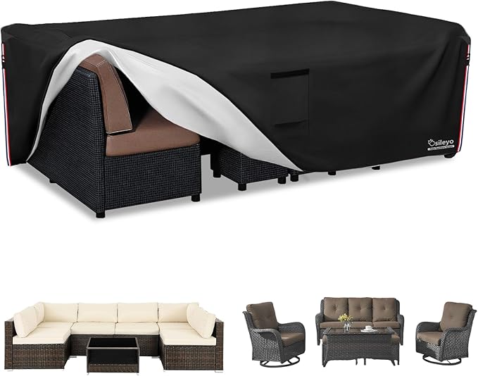 Patio Furniture Covers Waterproof,600D Heavy Duty Patio Cover for 6/7/8 PCS Sets Sectional Sofa Couch Dining Rocking Swivel Chairs Ottomans Coffee Table,111L x 74W x 28H inch Black