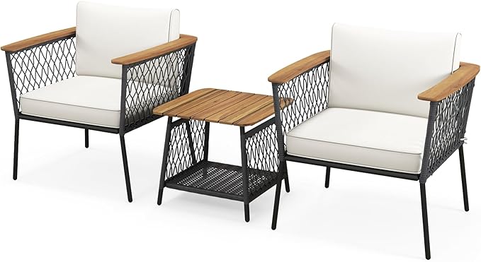 Tangkula 3 Piece Patio Furniture Set, Rattan Chair Set w/ 2-Tier Coffee Table, Acacia Wood Armrests & Tabletop, Soft Seat & Back Cushions, Outdoor Wicker Conversation Set (Off White+Grey)